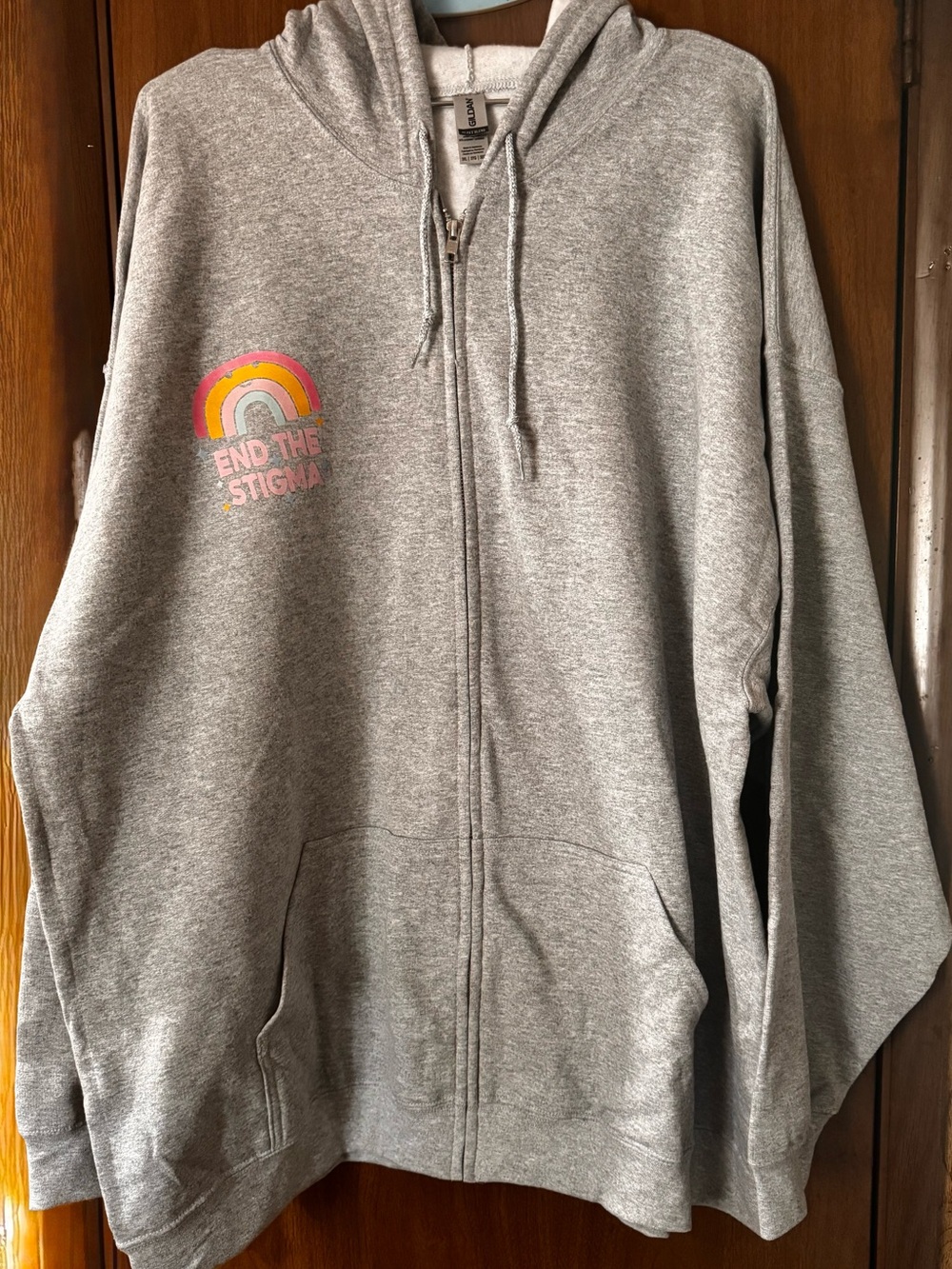 Gildan Gray Zip-Up Hoodie with Pink, “End the Stigma” Graphic NWOT